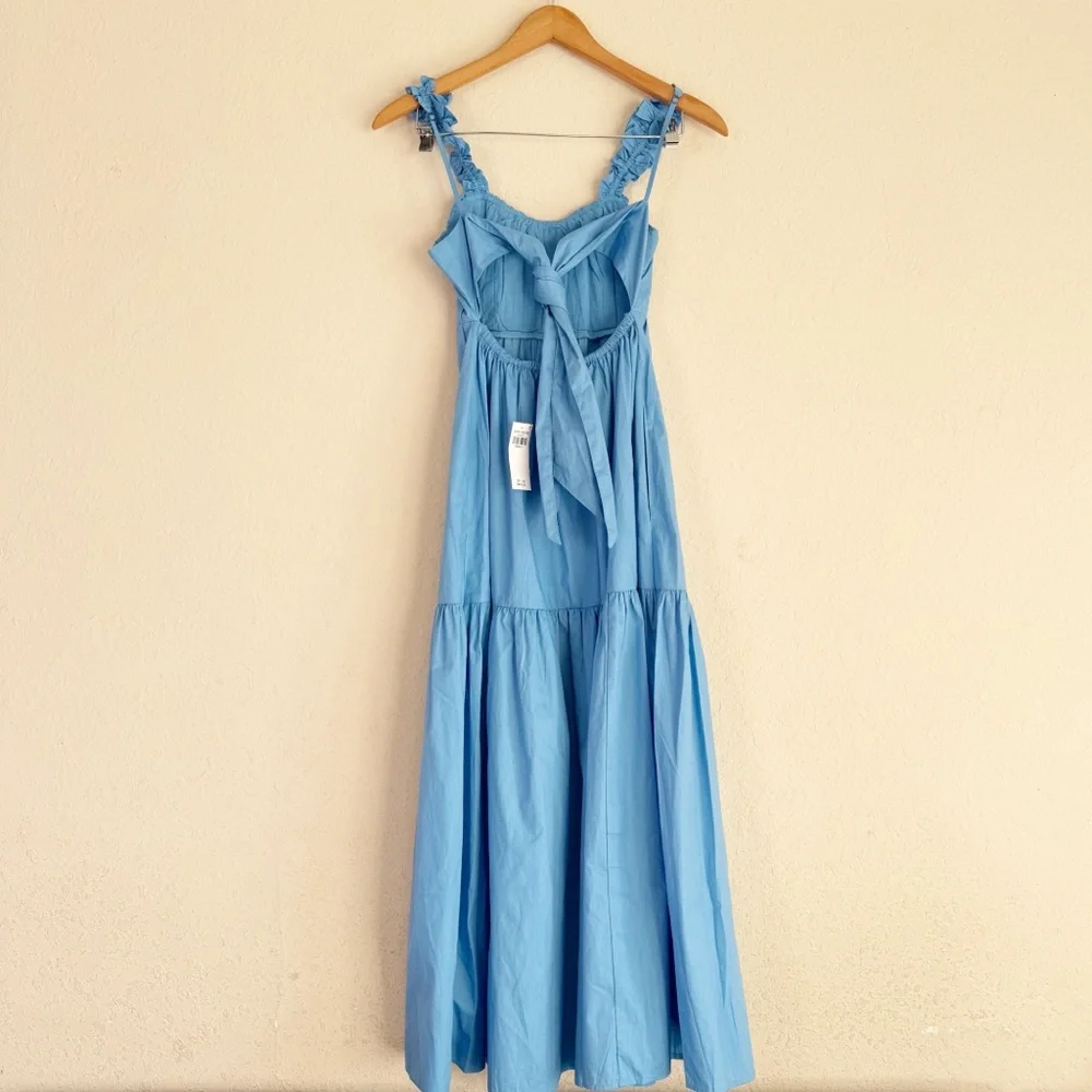 Abercrombie & Fitch Tiered Open Back Poplin Blue Coastal Maxi Dress Size XSP
